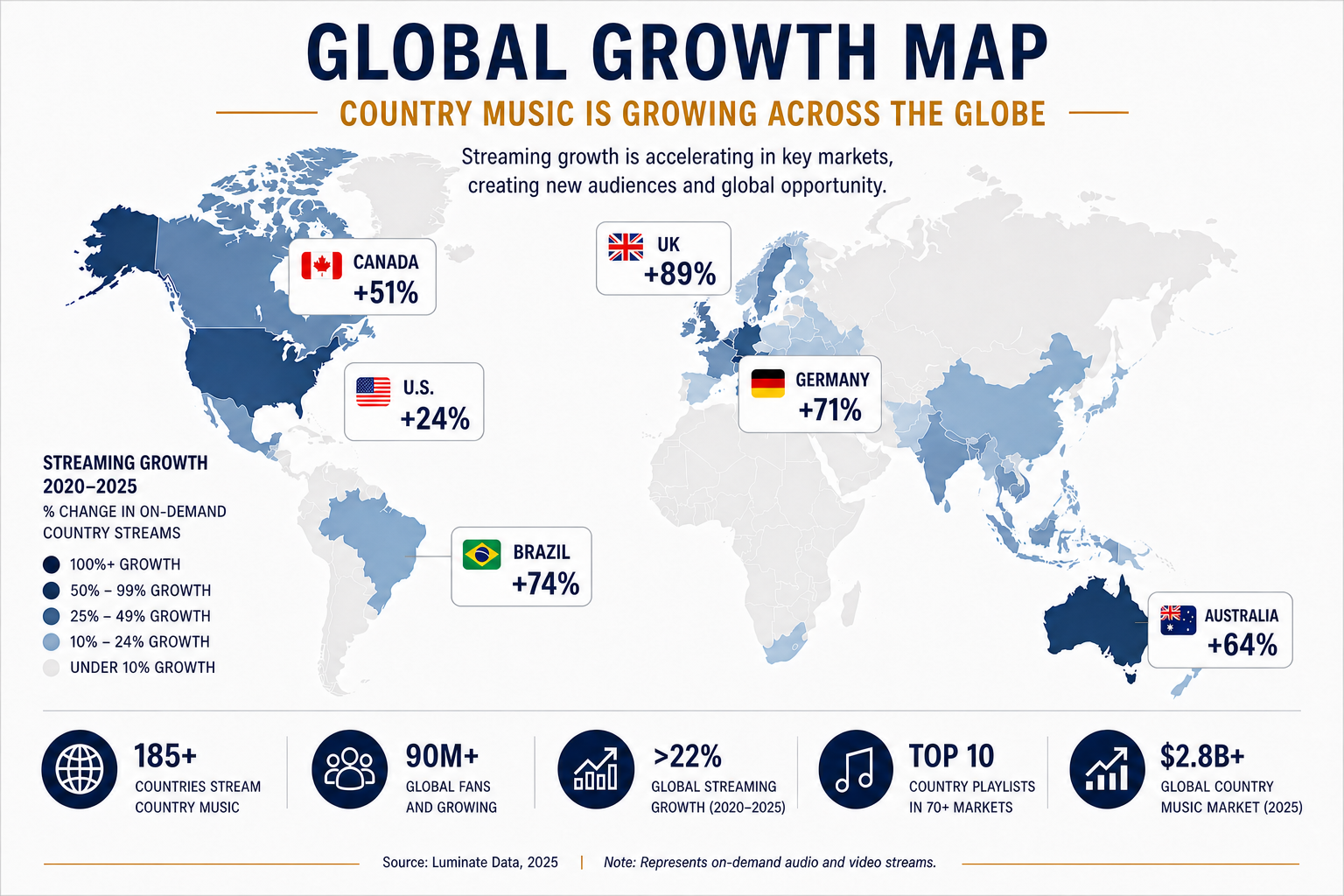 Global Growth Map — Country Music Streaming Growth 2020–2025